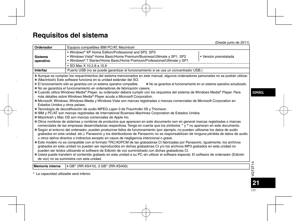 Requisitos del sistema | Panasonic RRXS410E User Manual | Page 177 / 230