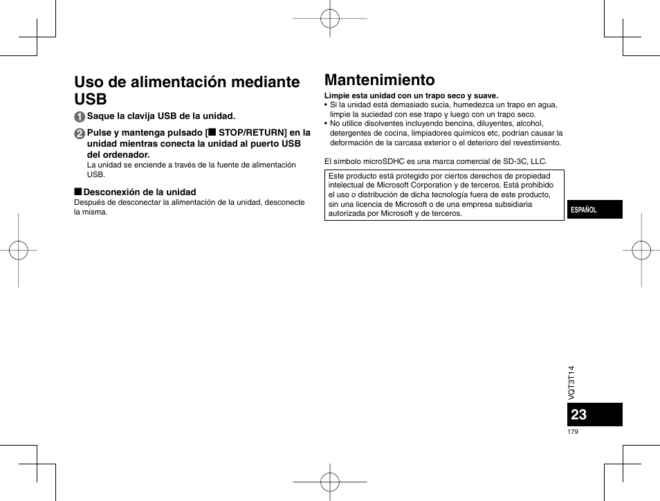 Uso de alimentación mediante usb, Mantenimiento | Panasonic RRXS410E User Manual | Page 179 / 230