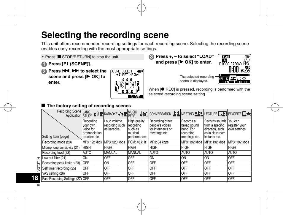 Selecting the recording scene | Panasonic RRXS410E User Manual | Page 18 / 230