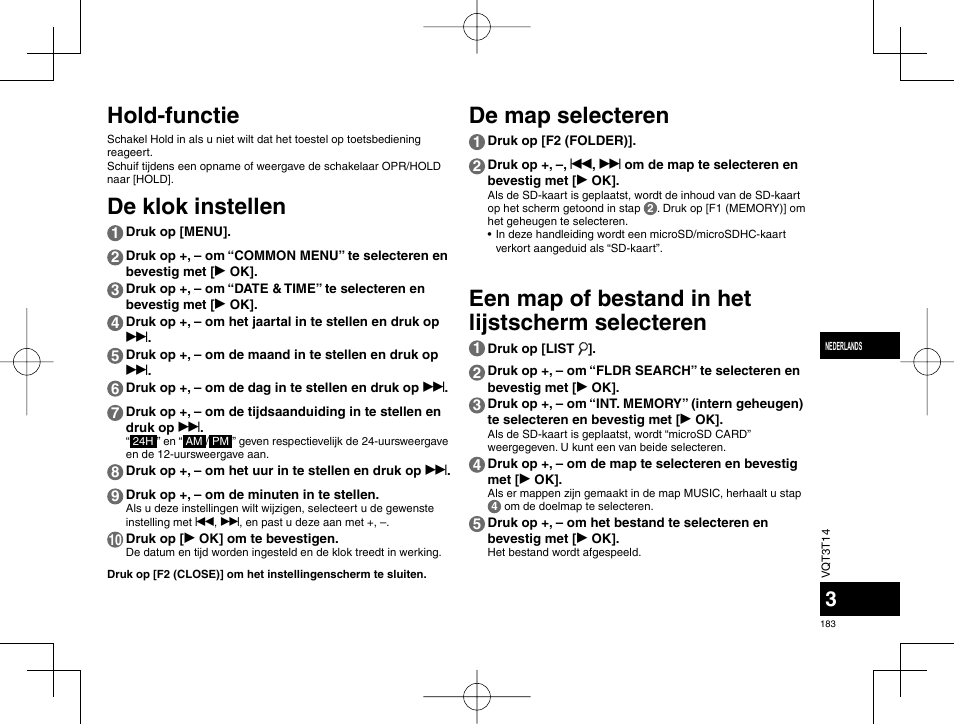 Hold-functie de map selecteren de klok instellen, Een map of bestand in het lijstscherm selecteren | Panasonic RRXS410E User Manual | Page 183 / 230