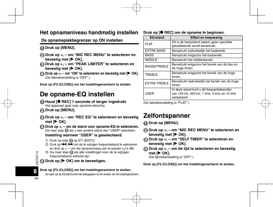 Zelfontspanner, De opname-eq instellen, Het opnameniveau handmatig instellen | Panasonic RRXS410E User Manual | Page 188 / 230