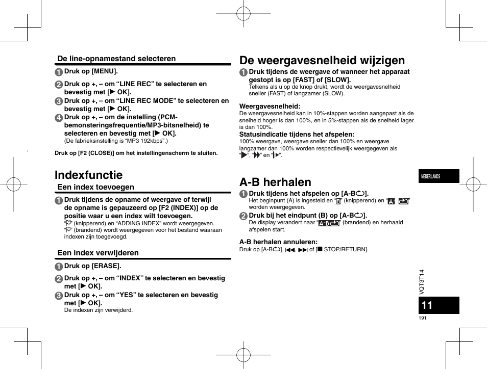 De weergavesnelheid wijzigen a-b herhalen, Indexfunctie | Panasonic RRXS410E User Manual | Page 191 / 230