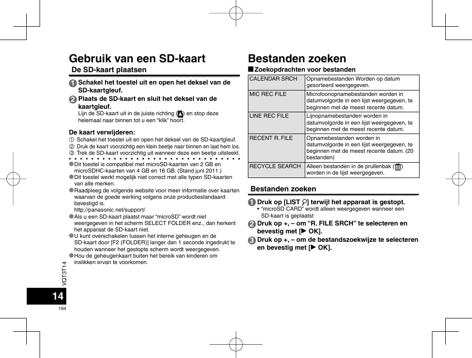 Bestanden zoeken, Gebruik van een sd-kaart | Panasonic RRXS410E User Manual | Page 194 / 230