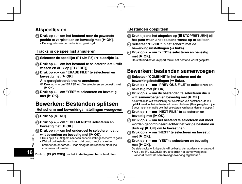 Bewerken: bestanden splitsen, Bewerken: bestanden samenvoegen, Afspeellijsten | Panasonic RRXS410E User Manual | Page 196 / 230