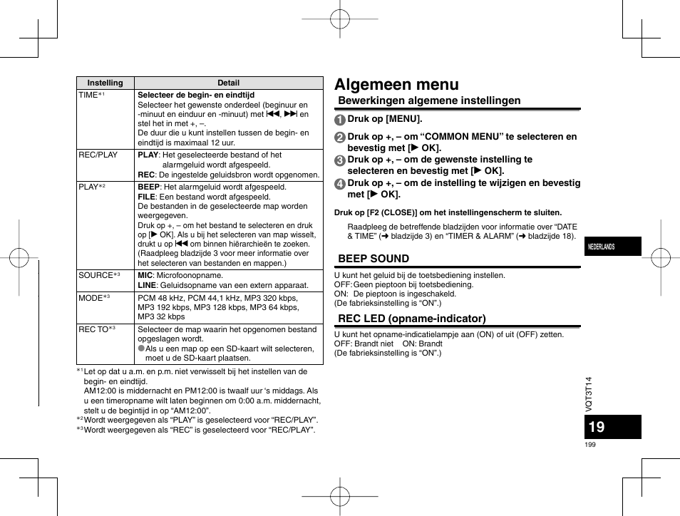 Algemeen menu, Bewerkingen algemene instellingen 1, Beep sound | Rec led (opname-indicator) | Panasonic RRXS410E User Manual | Page 199 / 230