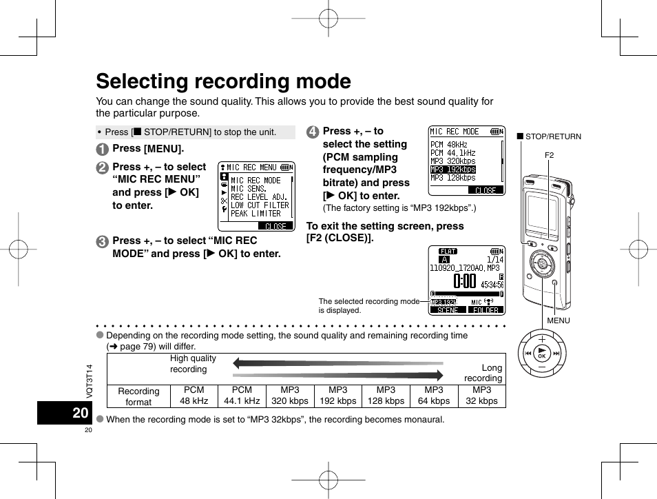 Selecting recording mode | Panasonic RRXS410E User Manual | Page 20 / 230