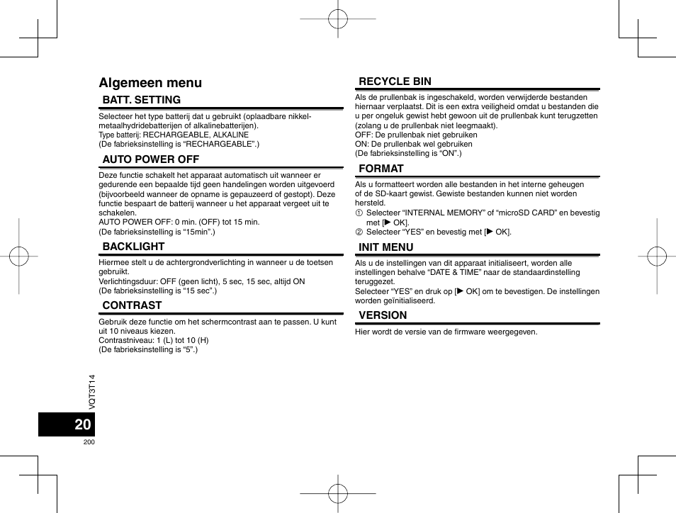 Algemeen menu | Panasonic RRXS410E User Manual | Page 200 / 230