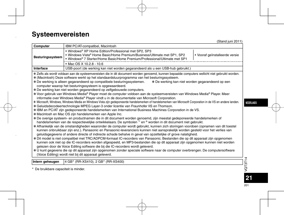 Systeemvereisten | Panasonic RRXS410E User Manual | Page 201 / 230
