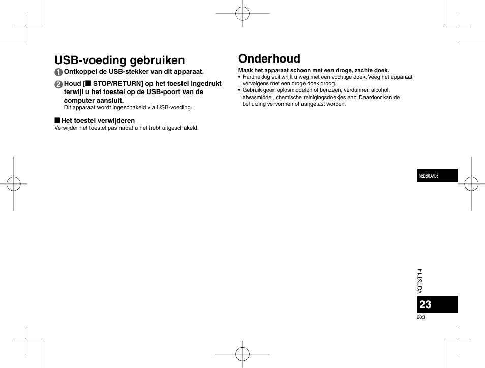 Usb-voeding gebruiken, Onderhoud | Panasonic RRXS410E User Manual | Page 203 / 230