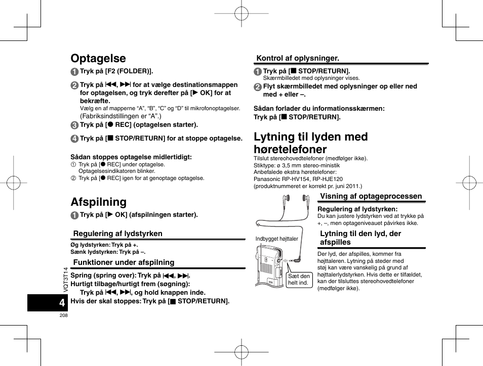 Lytning til lyden med høretelefoner, Optagelse afspilning | Panasonic RRXS410E User Manual | Page 208 / 230