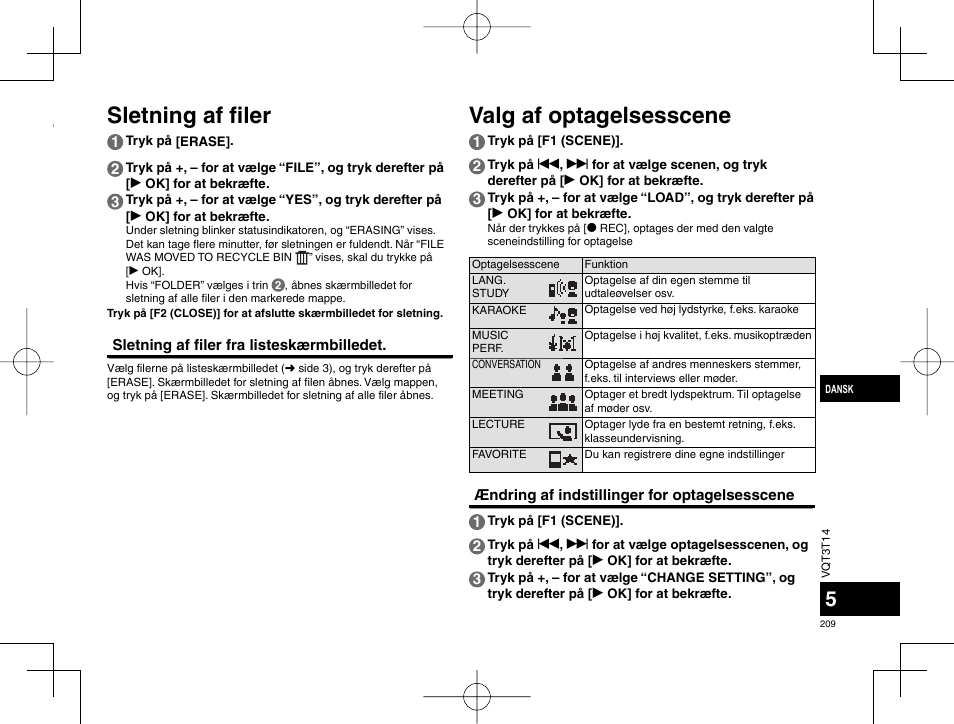 Sletning af fi ler, Valg af optagelsesscene | Panasonic RRXS410E User Manual | Page 209 / 230