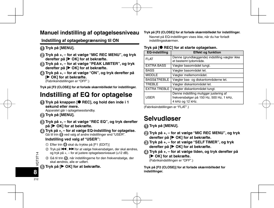 Selvudløser, Indstilling af eq for optagelse, Manuel indstilling af optagelsesniveau | Panasonic RRXS410E User Manual | Page 212 / 230
