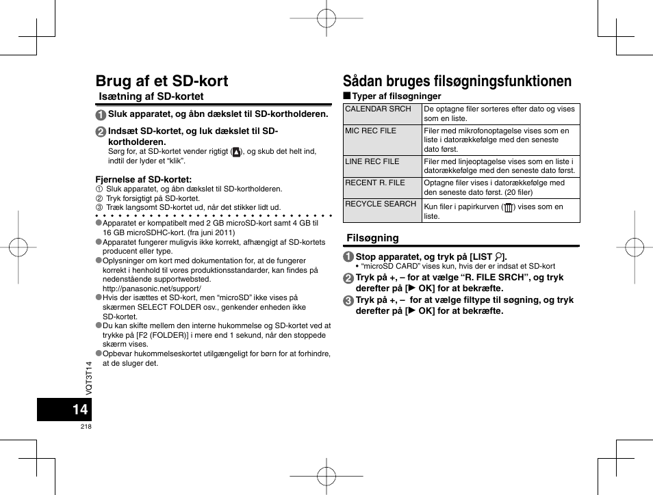 Sådan bruges fi lsøgningsfunktionen, Brug af et sd-kort | Panasonic RRXS410E User Manual | Page 218 / 230