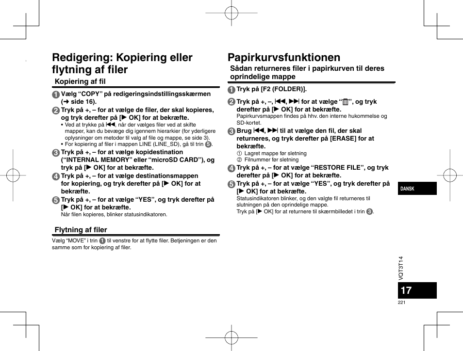 Redigering: kopiering eller fl ytning af fi ler, Papirkurvsfunktionen | Panasonic RRXS410E User Manual | Page 221 / 230