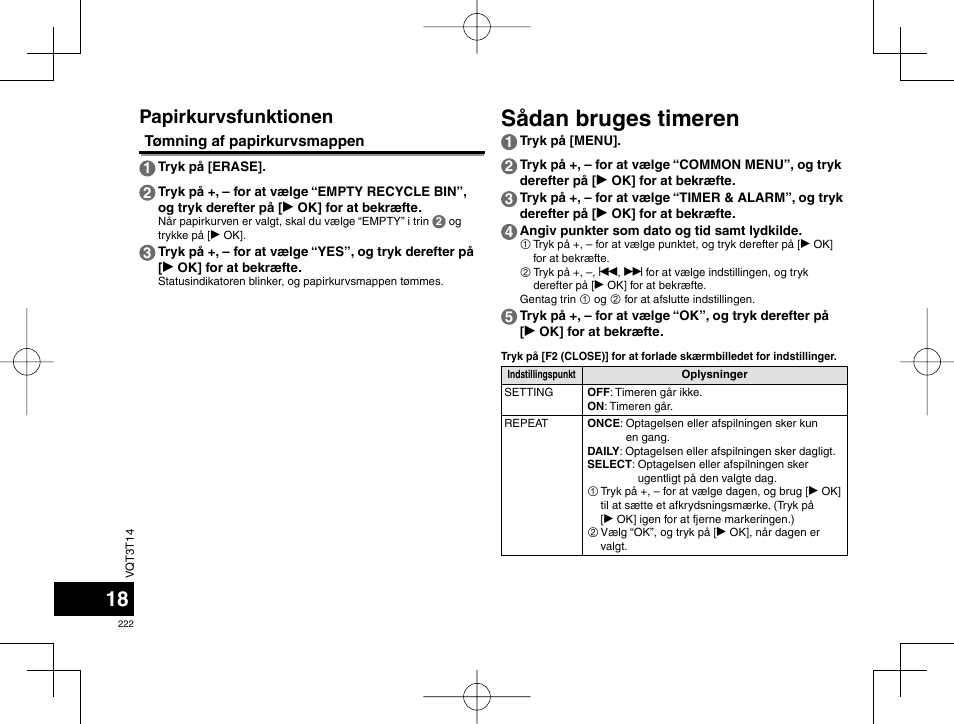 Sådan bruges timeren, Papirkurvsfunktionen | Panasonic RRXS410E User Manual | Page 222 / 230