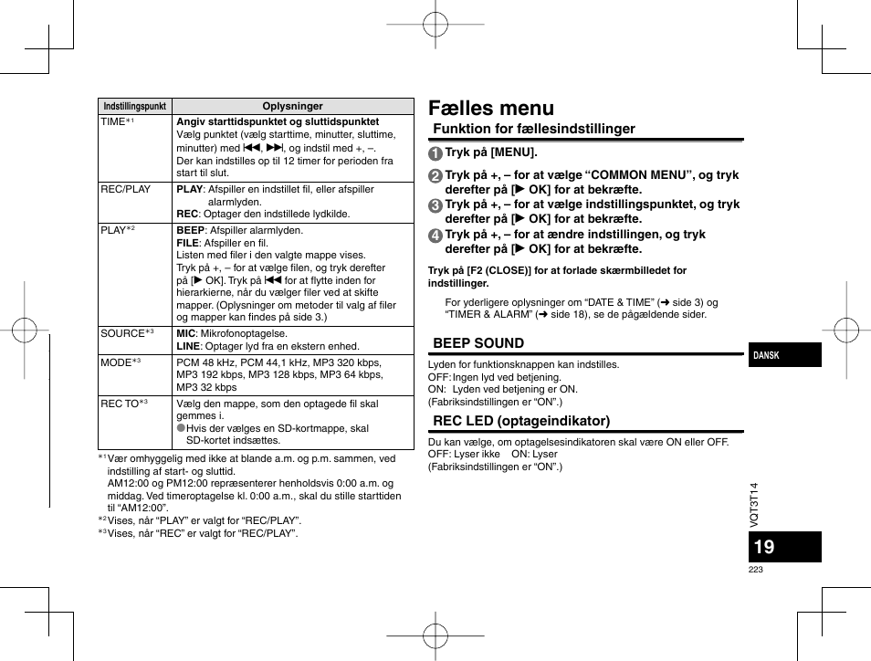 Fælles menu, Funktion for fællesindstillinger 1, Beep sound | Rec led (optageindikator) | Panasonic RRXS410E User Manual | Page 223 / 230