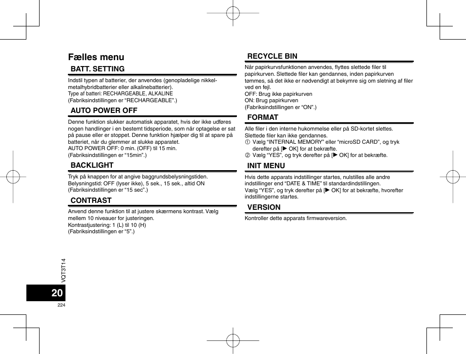 Fælles menu | Panasonic RRXS410E User Manual | Page 224 / 230