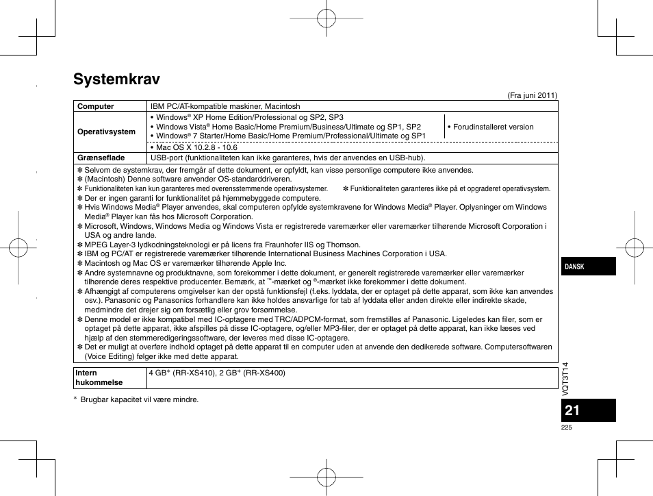 Systemkrav | Panasonic RRXS410E User Manual | Page 225 / 230