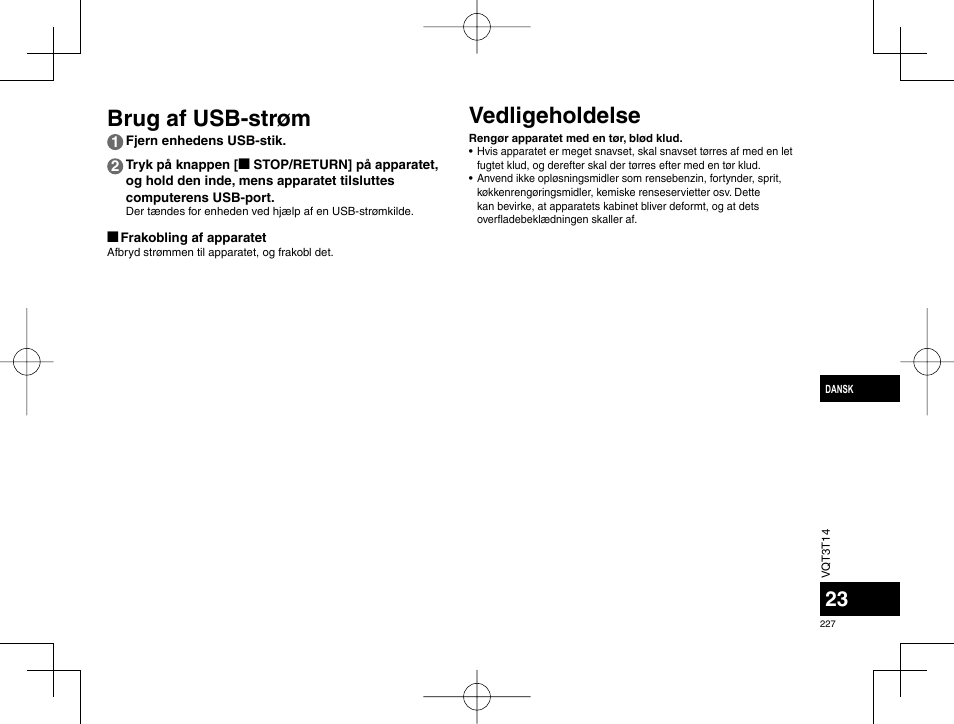 Brug af usb-strøm vedligeholdelse | Panasonic RRXS410E User Manual | Page 227 / 230