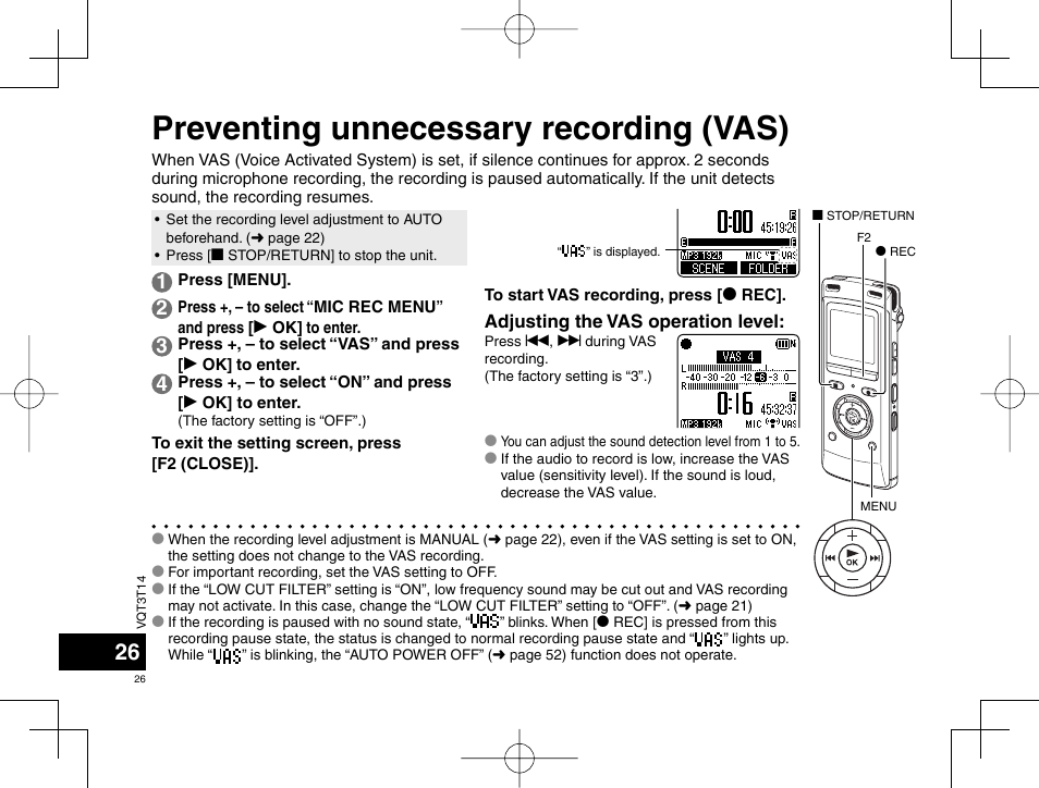 Preventing unnecessary recording (vas) | Panasonic RRXS410E User Manual | Page 26 / 230