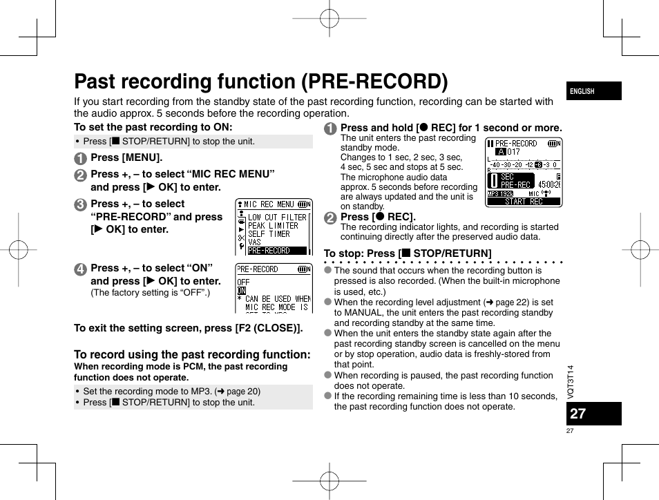 Past recording function (pre-record) | Panasonic RRXS410E User Manual | Page 27 / 230