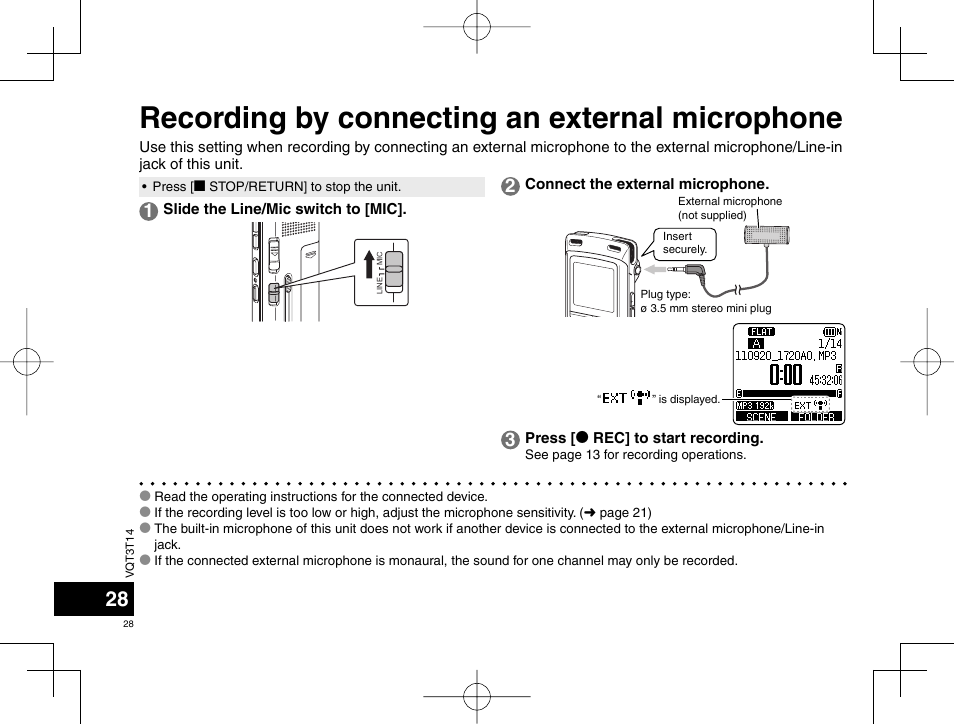Recording by connecting an external microphone | Panasonic RRXS410E User Manual | Page 28 / 230