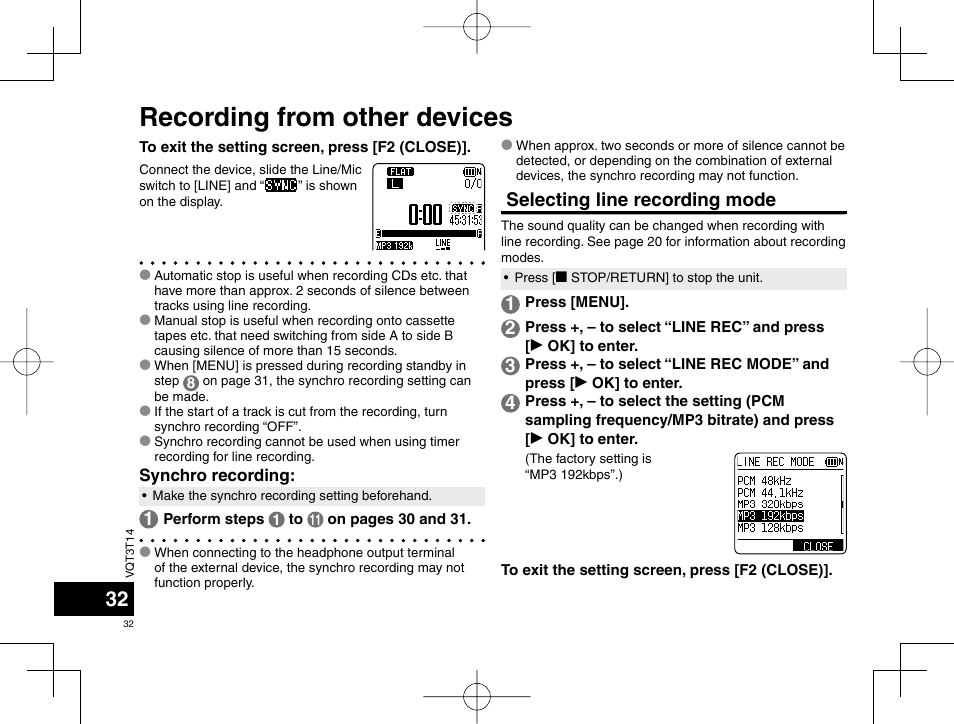 Recording from other devices, Selecting line recording mode | Panasonic RRXS410E User Manual | Page 32 / 230