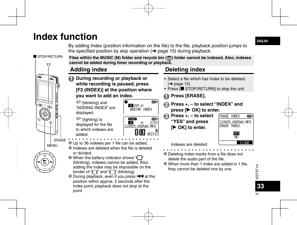 Index function, Adding index 1, Deleting index | Panasonic RRXS410E User Manual | Page 33 / 230