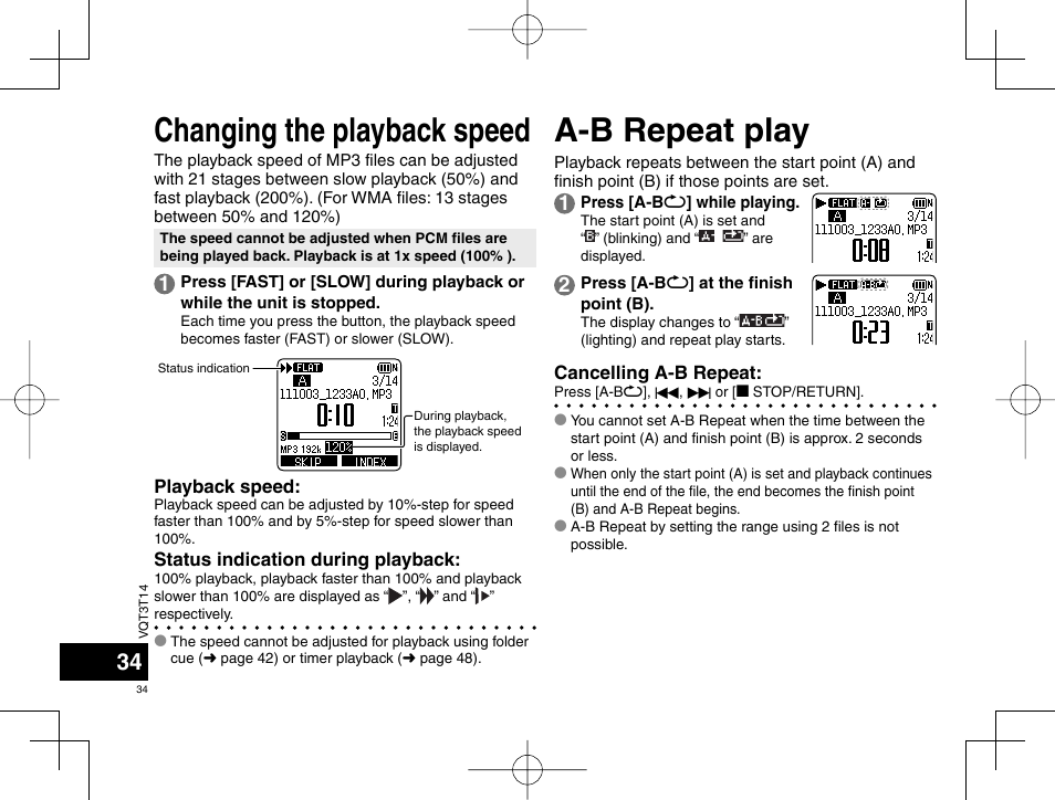 Changing the playback speed, A-b repeat play | Panasonic RRXS410E User Manual | Page 34 / 230