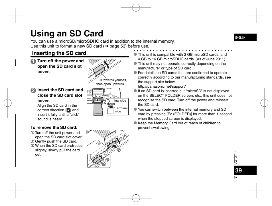 Using an sd card, Inserting the sd card 1 | Panasonic RRXS410E User Manual | Page 39 / 230