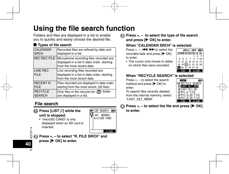 Using the fi le search function, File search 1 | Panasonic RRXS410E User Manual | Page 40 / 230