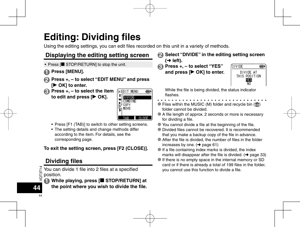 Editing: dividing fi les, Displaying the editing setting screen, Dividing fi les | Panasonic RRXS410E User Manual | Page 44 / 230