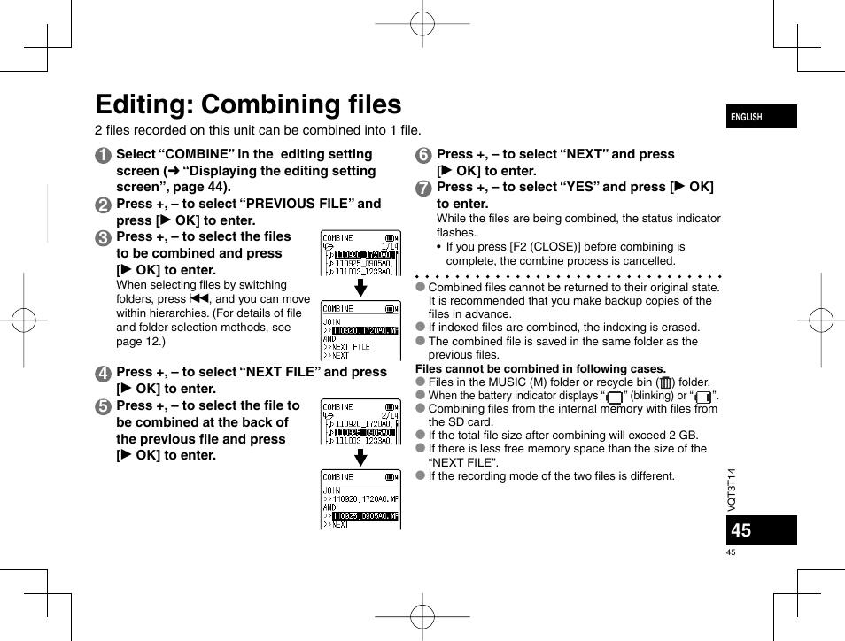 Editing: combining fi les | Panasonic RRXS410E User Manual | Page 45 / 230