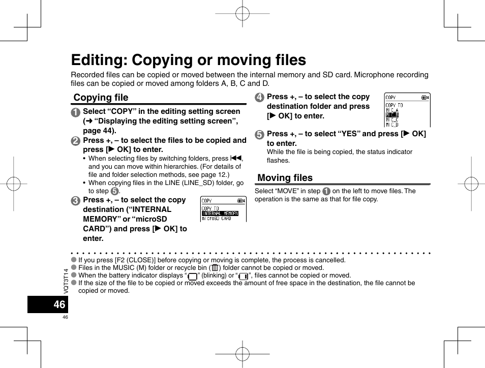 Editing: copying or moving fi les, Copying fi le 1, Moving fi les | Panasonic RRXS410E User Manual | Page 46 / 230