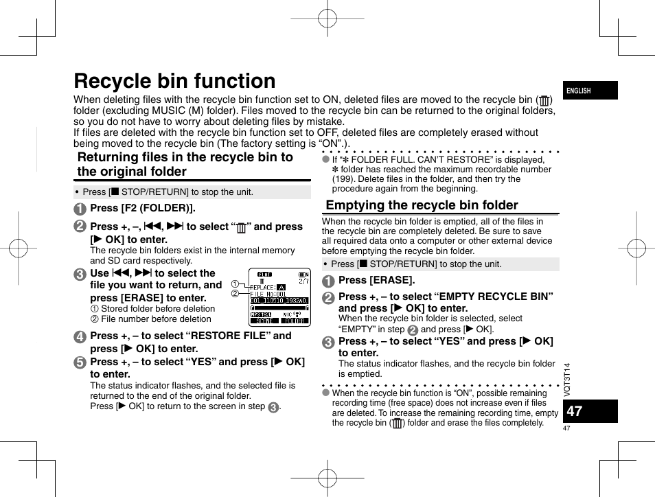 Recycle bin function, Emptying the recycle bin folder | Panasonic RRXS410E User Manual | Page 47 / 230
