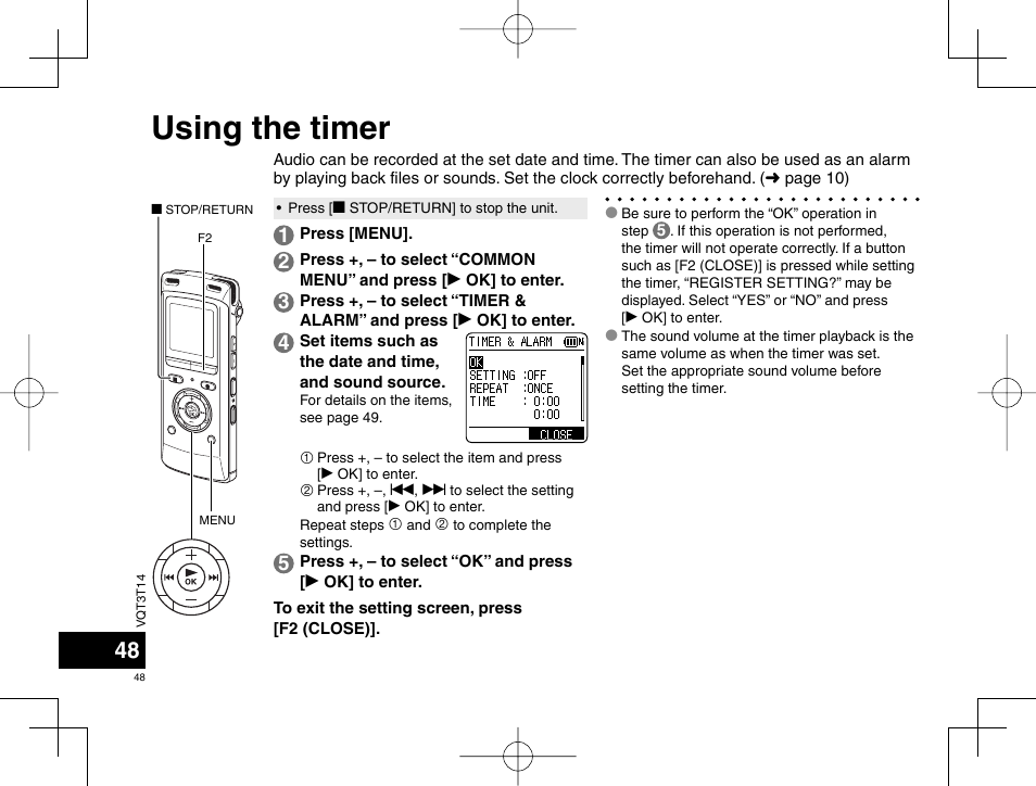 Using the timer | Panasonic RRXS410E User Manual | Page 48 / 230