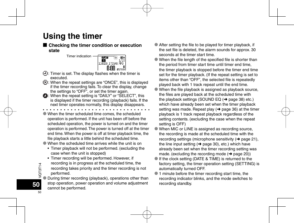Using the timer | Panasonic RRXS410E User Manual | Page 50 / 230