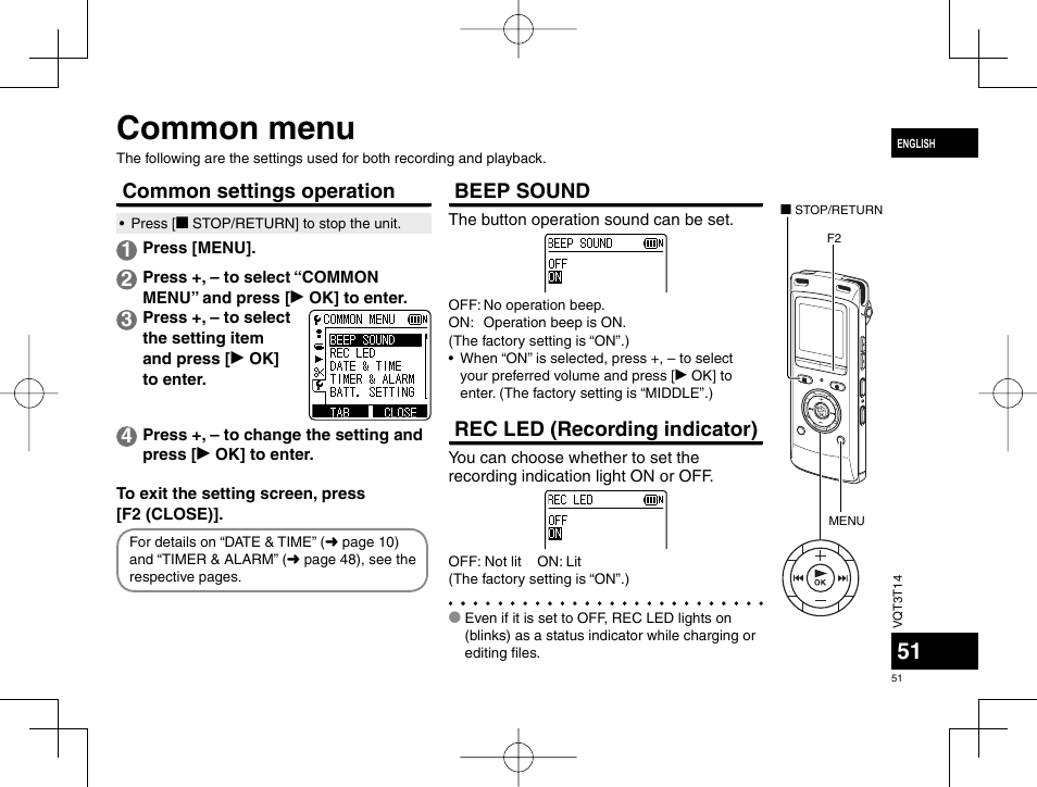 Common menu, Common settings operation, Beep sound | Rec led (recording indicator) | Panasonic RRXS410E User Manual | Page 51 / 230