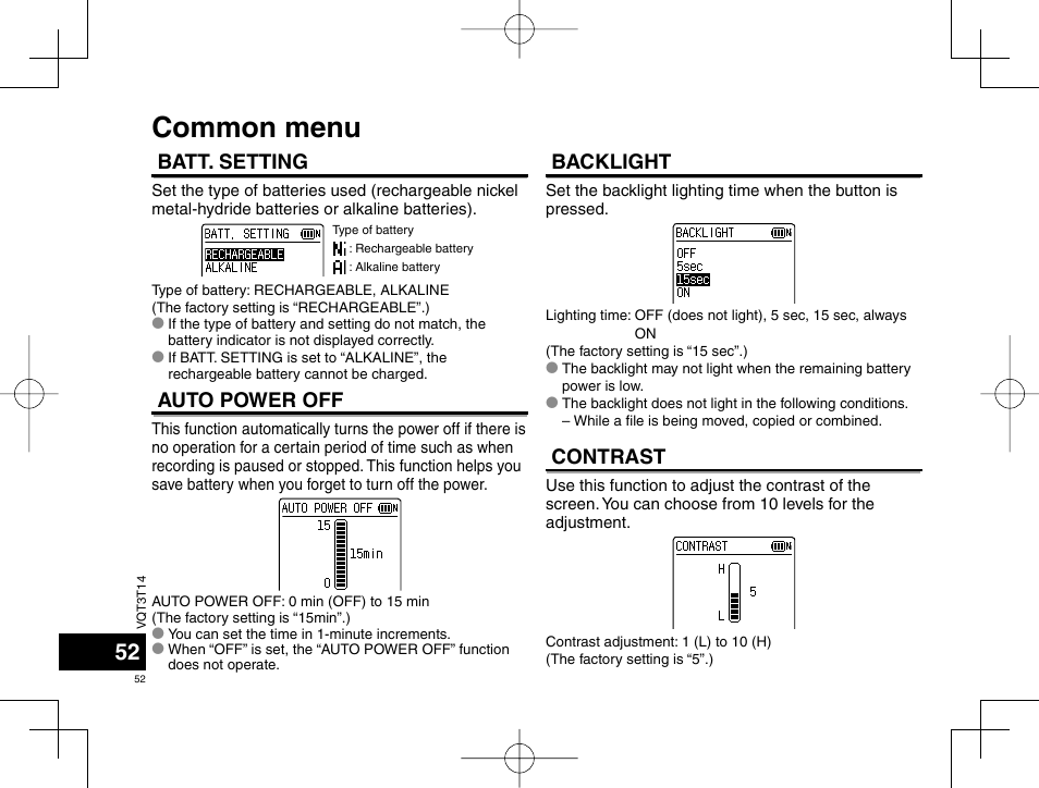Common menu, Batt. setting, Auto power off | Backlight, Contrast | Panasonic RRXS410E User Manual | Page 52 / 230