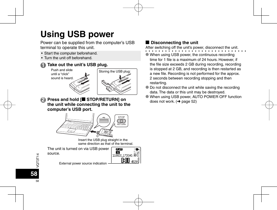 Using usb power | Panasonic RRXS410E User Manual | Page 58 / 230