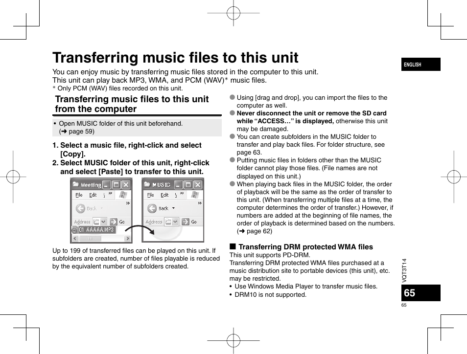 Transferring music fi les to this unit | Panasonic RRXS410E User Manual | Page 65 / 230