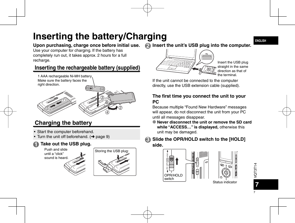 Inserting the battery/charging, Inserting the rechargeable battery (supplied), Charging the battery | Panasonic RRXS410E User Manual | Page 7 / 230