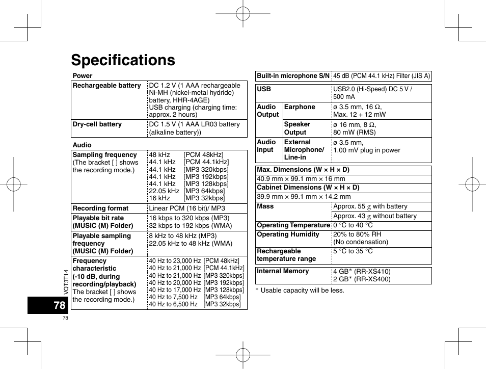 Specifi cations | Panasonic RRXS410E User Manual | Page 78 / 230