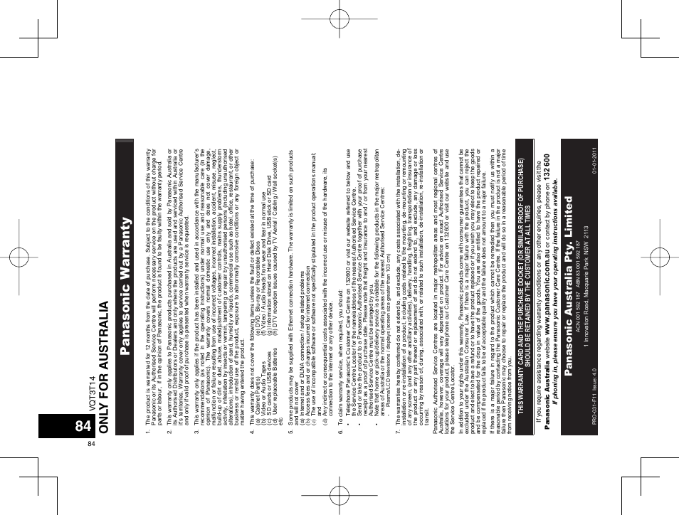 Onl y for a ustralia panasonic warranty, Panasonic au stralia pty. li mited, Vqt3t14 | Panasonic RRXS410E User Manual | Page 84 / 230