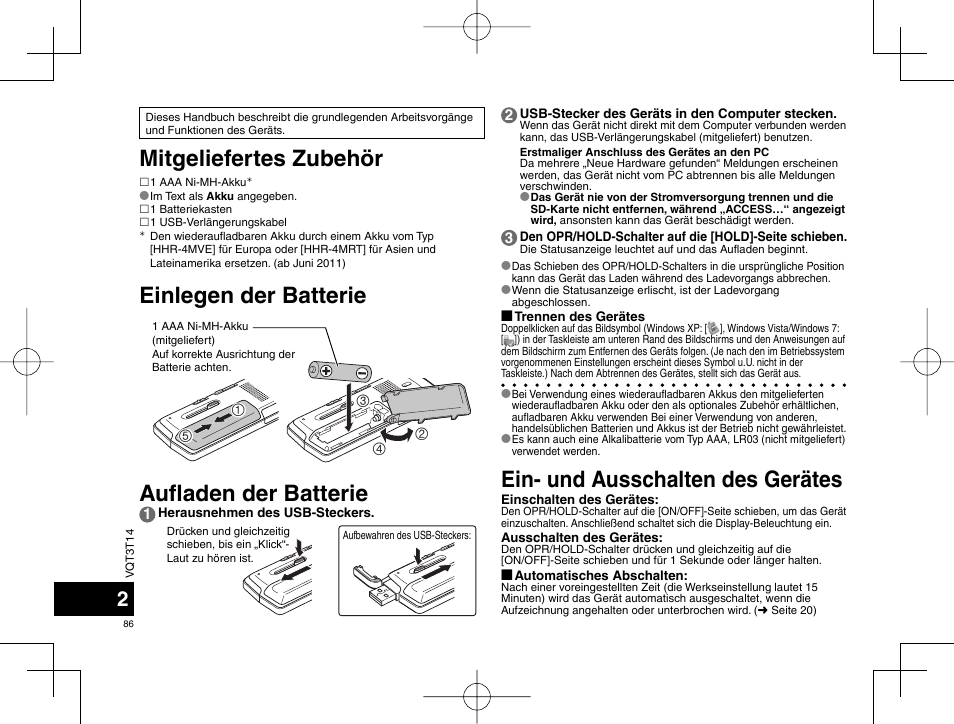 Aufl aden der batterie | Panasonic RRXS410E User Manual | Page 86 / 230
