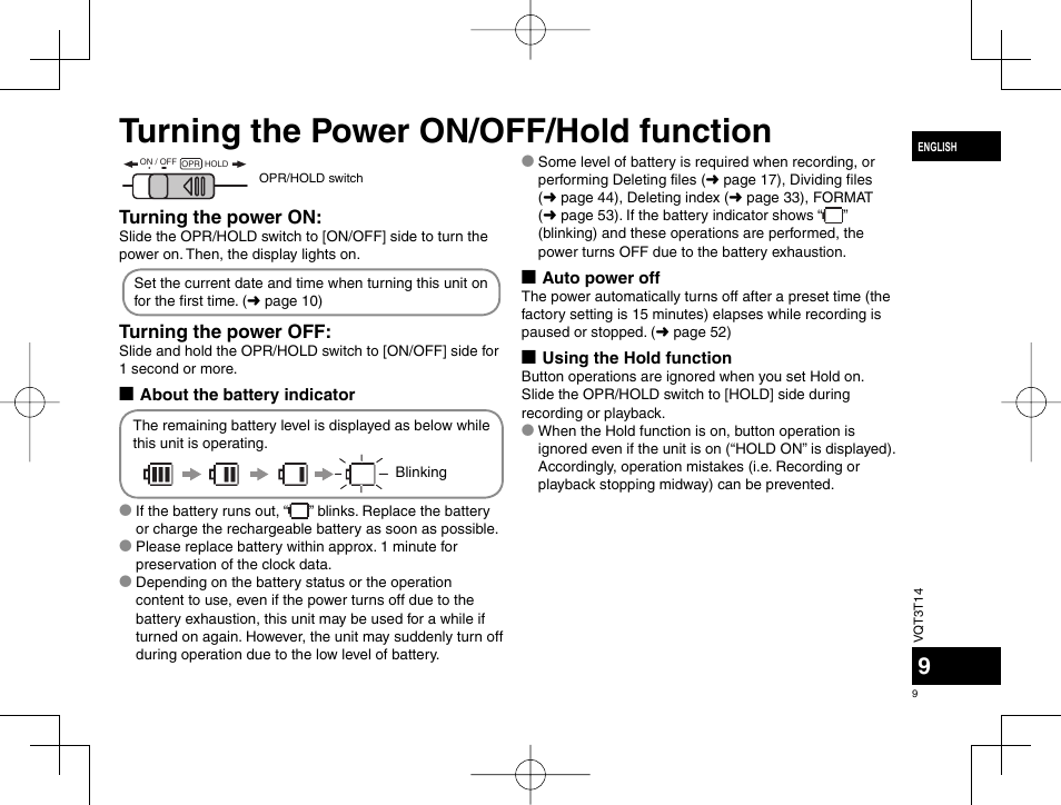 Turning the power on/off/hold function, Turning the power on, Turning the power off | Panasonic RRXS410E User Manual | Page 9 / 230