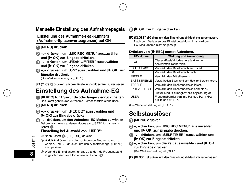 Selbstauslöser, Einstellung des aufnahme-eq, Manuelle einstellung des aufnahmepegels | Panasonic RRXS410E User Manual | Page 92 / 230