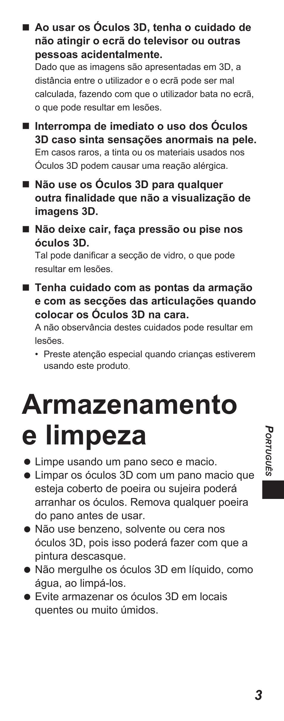 Armazenamento e limpeza | Panasonic TYEP3D10EB User Manual | Page 35 / 102