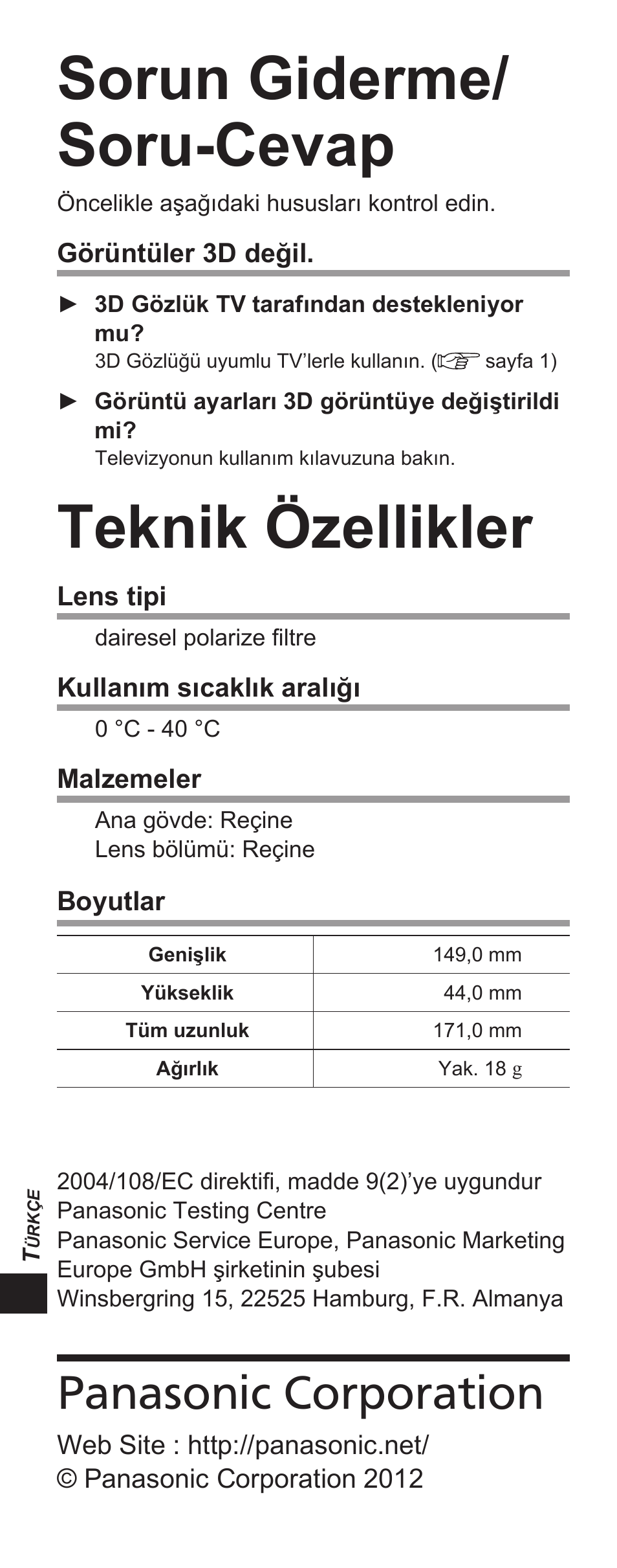 Sorun giderme/ soru-cevap, Teknik özellikler, Panasonic corporation | Panasonic TYEP3D10EB User Manual | Page 54 / 102
