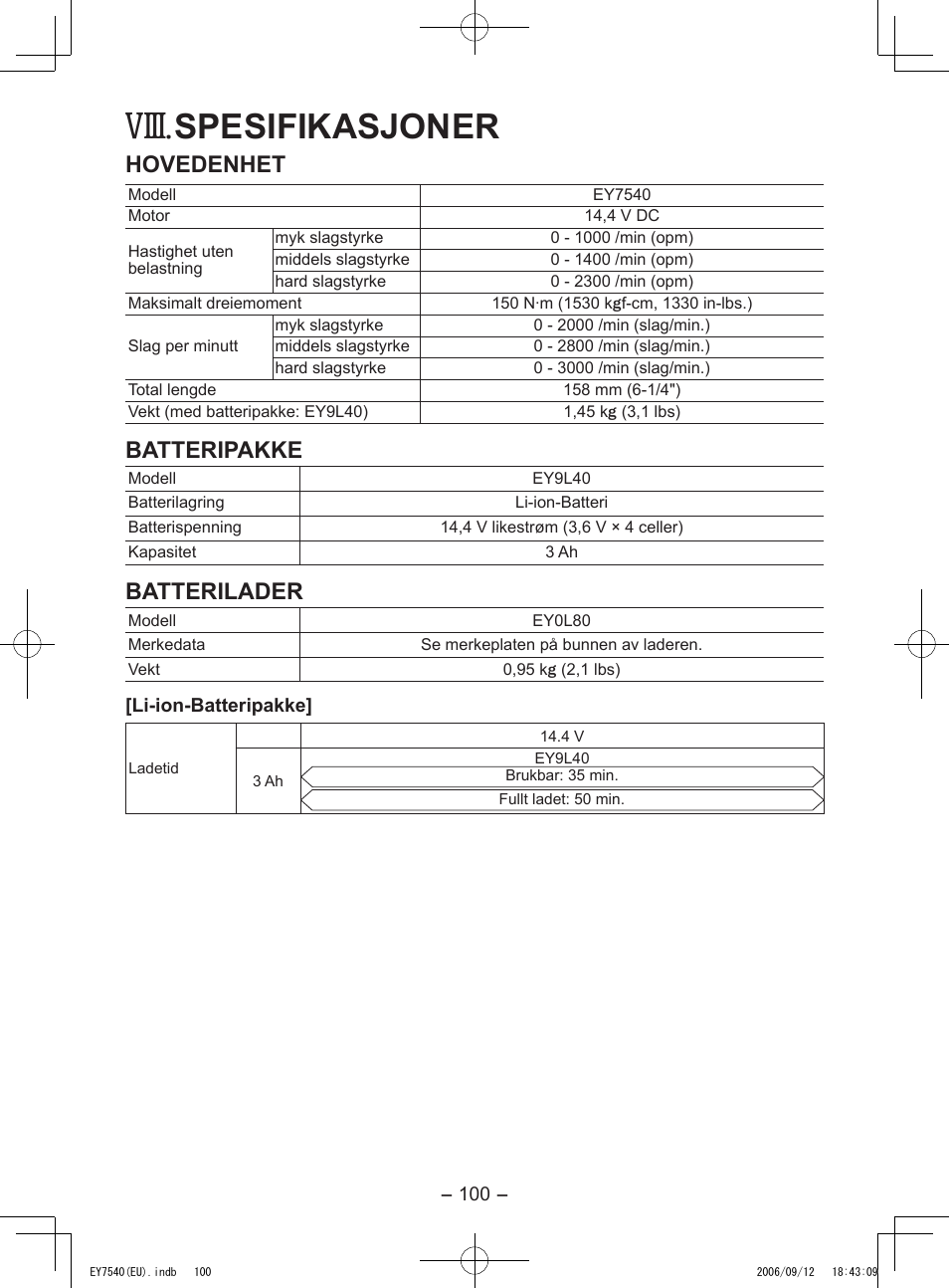 Viii, Spesifikasjoner, Hovedenhet | Batteripakke, Batterilader | Panasonic EY7540 User Manual | Page 100 / 136